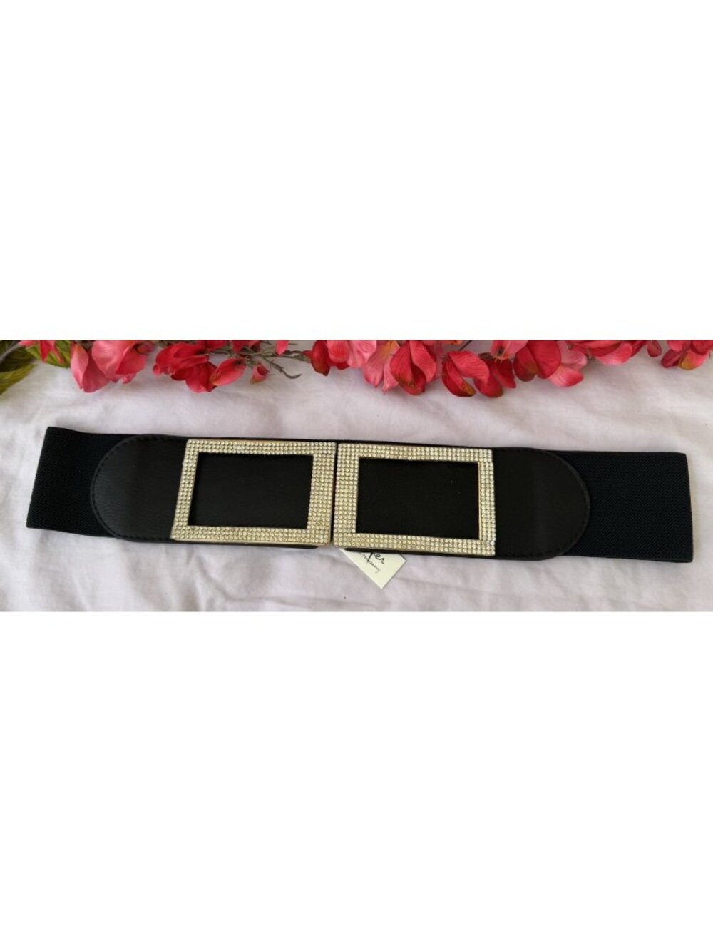 Women Black Stretch Wide Faux Leather Wide Fabric Belt Rhinestone Buckle Size M